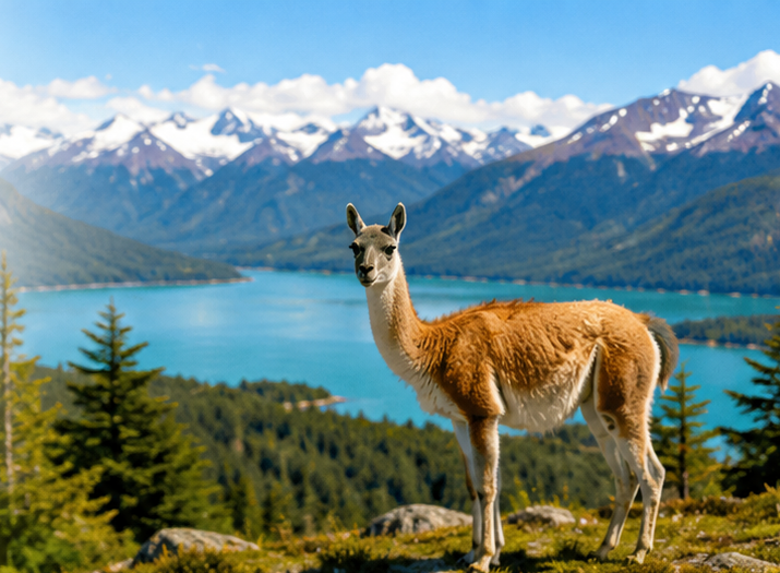 Patagonian landscape in Aysén with mountains, lake and a guanaco